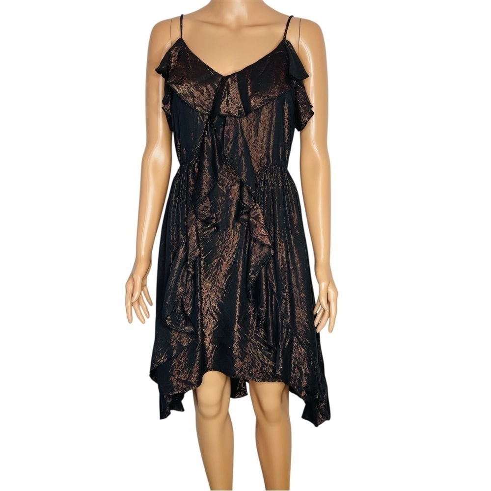 Amadi Anthropologie Black and Bronze Metallic Ruffle Dress size M NWT Party